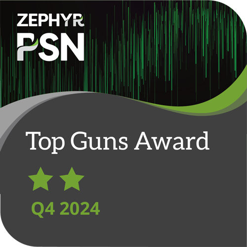 Zephyr PSN Top Guns Award for Q4 2024 with two green stars