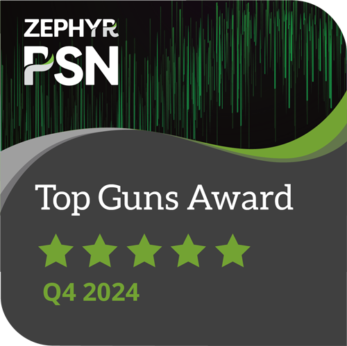 Zephyr PSN Top Guns Award for Q4 2024 with five green stars