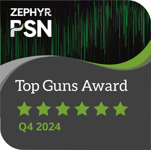 Zephyr PSN Top Guns Award for Q4 2024 with six green stars